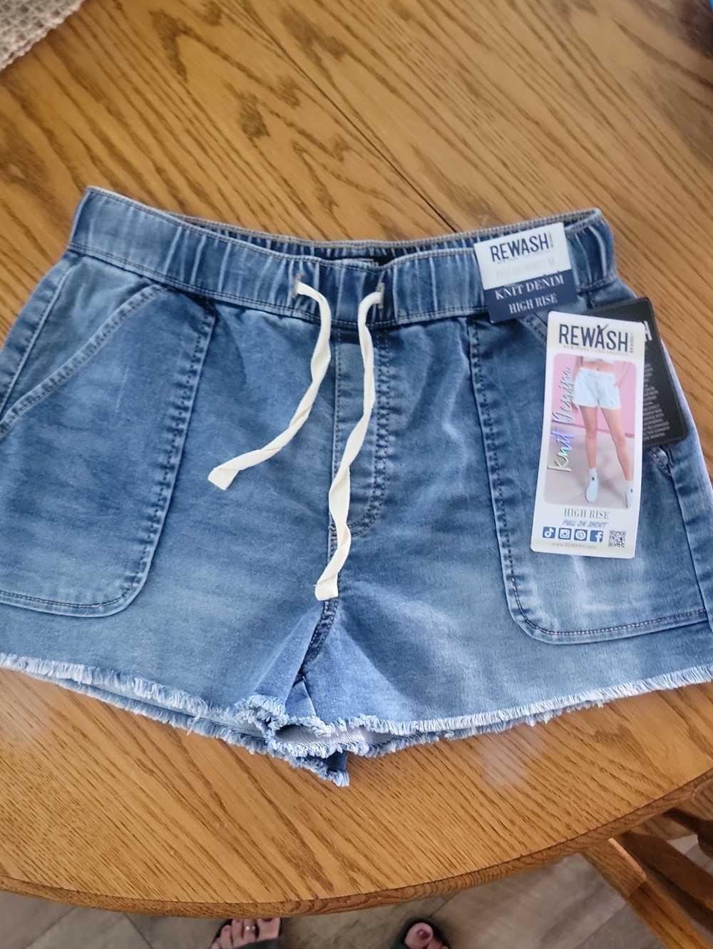 Rewash Light Blue Knit Denim High-Rise Drawstring Frayed Shorts